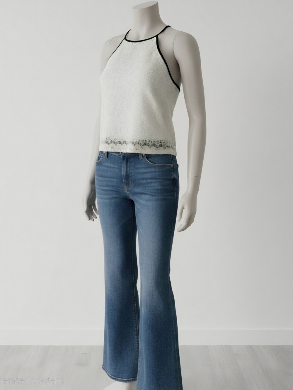 Monteau Los Angeles, White Lace Top With Black Trim, Size Small